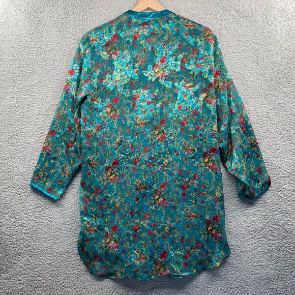 Vtg 90s VICTORIA'S SECRET Sheer Foral Button Down Sleep Shirt Small Teal Jewel - Picture 8 of 8